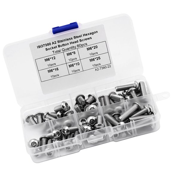 M6 Stainless Steel Hex Socket Button Head Screws Assortment Kit, 60 Pieces / 10 to 25 mm Length