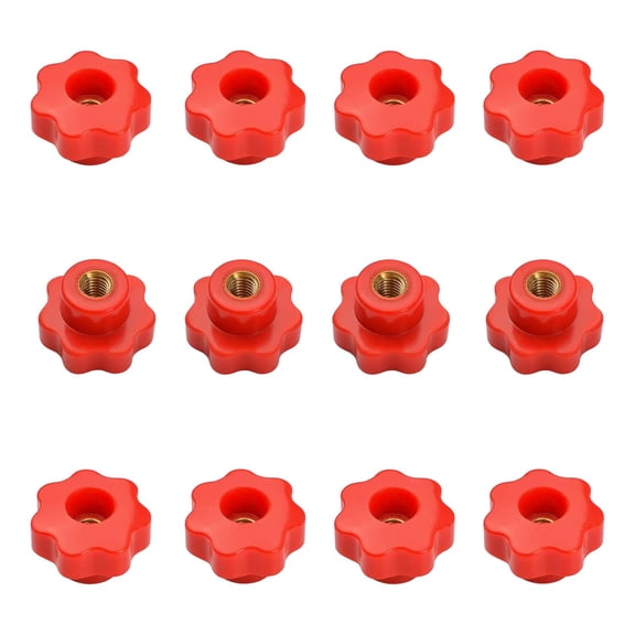 M6 Star Knob Knurled Thread Clamping Knob, Red Plastic Through Hole Set Brass Female Threaded Nut Pack of 12, Screw-On Handle Clamping Knob for Mechanical Equipment Use