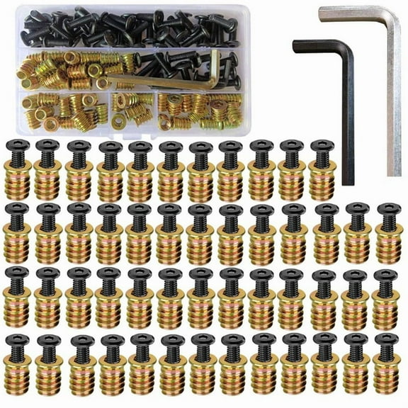 M6 X 15mm Threaded Inserts Nuts and M6 X 20mm Flat Head Socket Screws 100-Piece Set for Furniture Assembly,50 * screws 50 * nuts 2 * wrench,Black/Gold