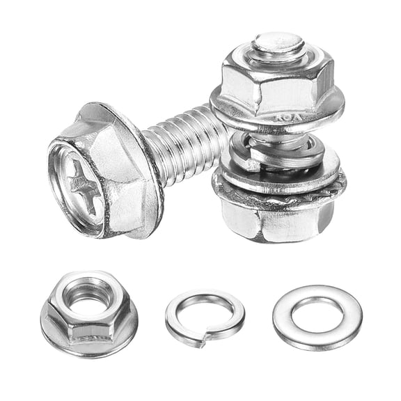 M6 x 14mm 10Pcs Flanged Hex Head Bolts with Nuts, Flat & Lock Washers, Silver