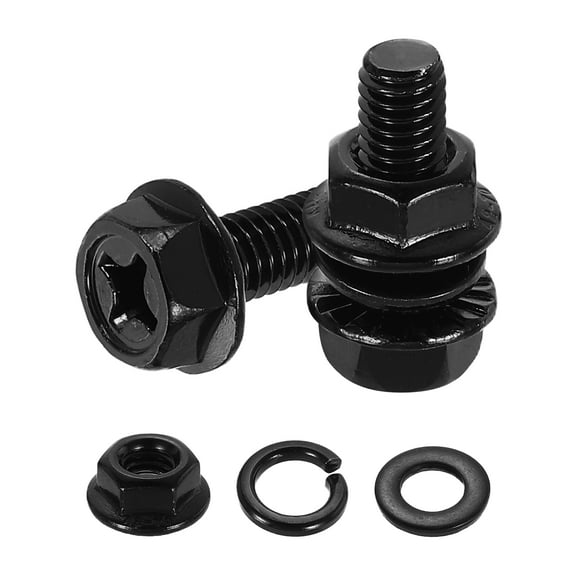 M6 x 18mm 10Pcs Phillips Flanged Hex Bolts with Nuts, Flat & Lock Washers, Black