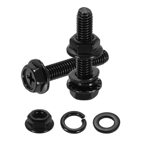 M6 x 30mm 10Pcs Phillips Flanged Hex Bolts with Nuts, Flat & Lock Washers, Black