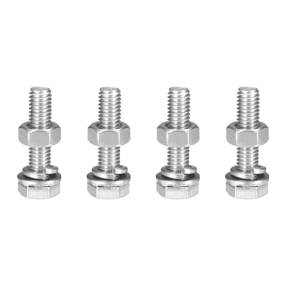 M6 x 30mm Hex Head Screws Bolts, Nuts, Flat & Lock Washers Kits, 304 Stainless Steel Fully Thread Hexagon Bolts 4 Sets