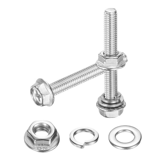 M6 x 45mm 10Pcs Flanged Hex Head Bolts with Nuts, Flat & Lock Washers, Silver