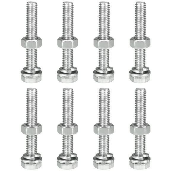 M6 x 45mm Hex Head Screws Bolts, Nuts, Flat & Lock Washers Kits, 304 Stainless Steel Fully Thread Hexagon Bolts 8 Sets