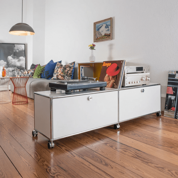 60" W Modular Metal Media Console, Modern TV Stand with Wheels, Rolling Storage Cabinet and Low Sideboard for Living Room