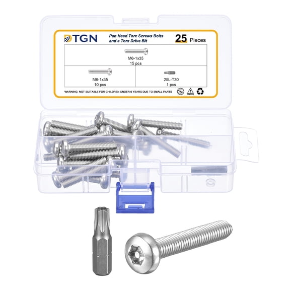 M6x35mm Pan Head Torx Security Screw - 25Pack - Stainless Steel - Silver