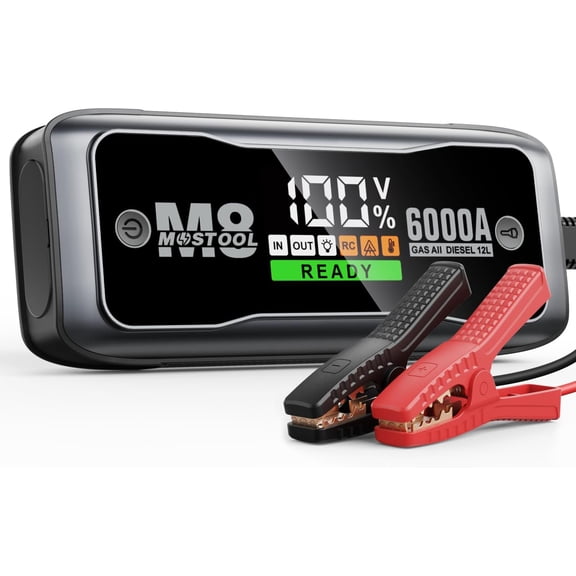M8 6000A Car Battery Jump Starter with Smart HD Display PD 60W Fast Charging, 12V Battery Jump Pack, Portable Jump Box with Jumper Clamps LED Light, Rugged Kit for All Gas & Up to 12.0L Diesel