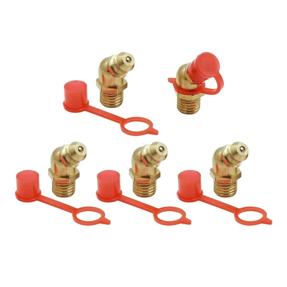 M8 Brass Thread 45 Degree Angle Grease Nipple Fittings w/ Red Dust Cap for Car 5 Set