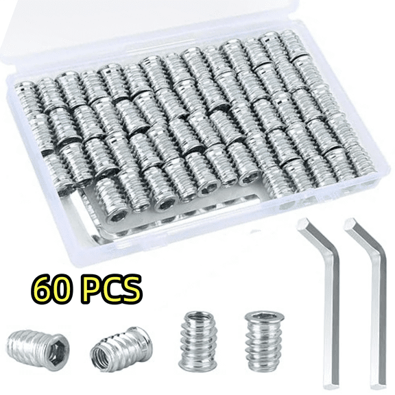 M8 Threaded Insert Nuts Kit (60-Pc) - Hex Key Installation for Wood, Plywood & Furniture