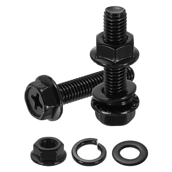 M8 x 35mm 10Pcs Phillips Flanged Hex Bolts with Nuts, Flat & Lock Washers, Black