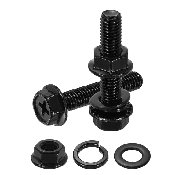 M8 x 40mm 10Pcs Phillips Flanged Hex Bolts with Nuts, Flat & Lock Washers, Black
