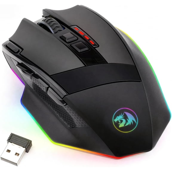 M801 Wireless Gaming , RGB Gaming with MMO 9 Programmable Macro Editing Buttons, UP 16000 Adjustable DPI, Rapid Fire Button for Game, Windows,PC - Wireless, Black