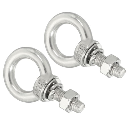 M8x60 5/16"x0.98" Stainless Steel Eye Bolts Threaded Screw Eyebolt Shoulder Ring with Nuts Washers 2 Set