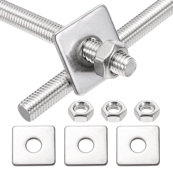 M8x90mm Fully Threaded Rod, 2Set 304 Stainless Steel Threaded Rods Bar Studs Right Hand Threads with Nut Square Washer for Structural Anchoring Fastening Screw