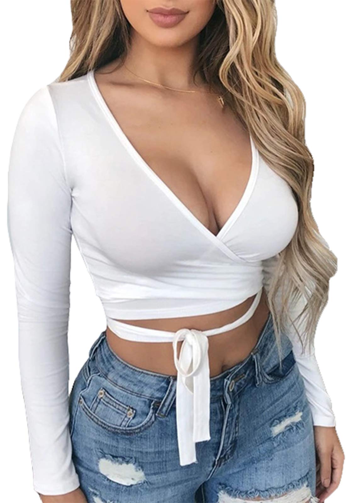 HERILIOS Women's Ribbed V-Neck Crop Top - Long Sleeve Slim Fitted Tee With Front Drawstring