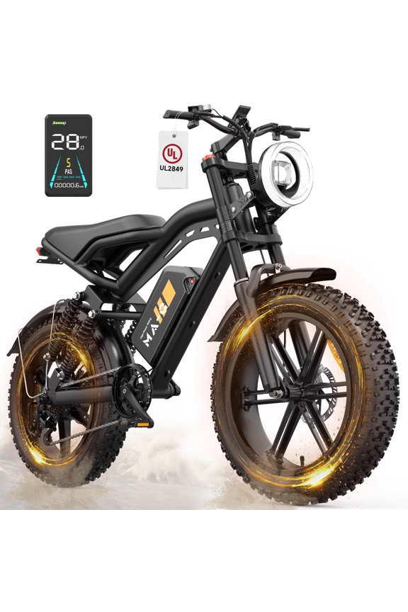 MA-L 1500W Peak Electric Bike for Adults, 48V 15Ah Battery, 20" x 4" Snow Fat Tire, Full Suspension, Shimano 7-Speed, E-Mountain Bike, UL2849