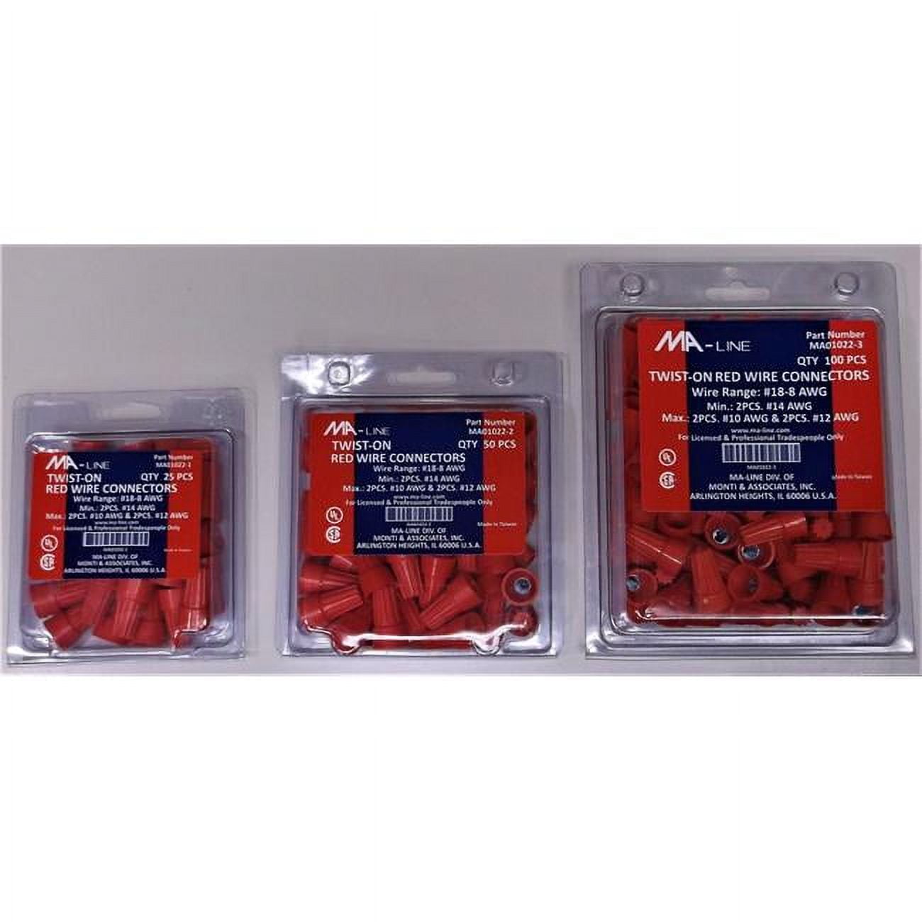 MA-Line MA01022-3 Wire Connectors, Red - Pack of 100