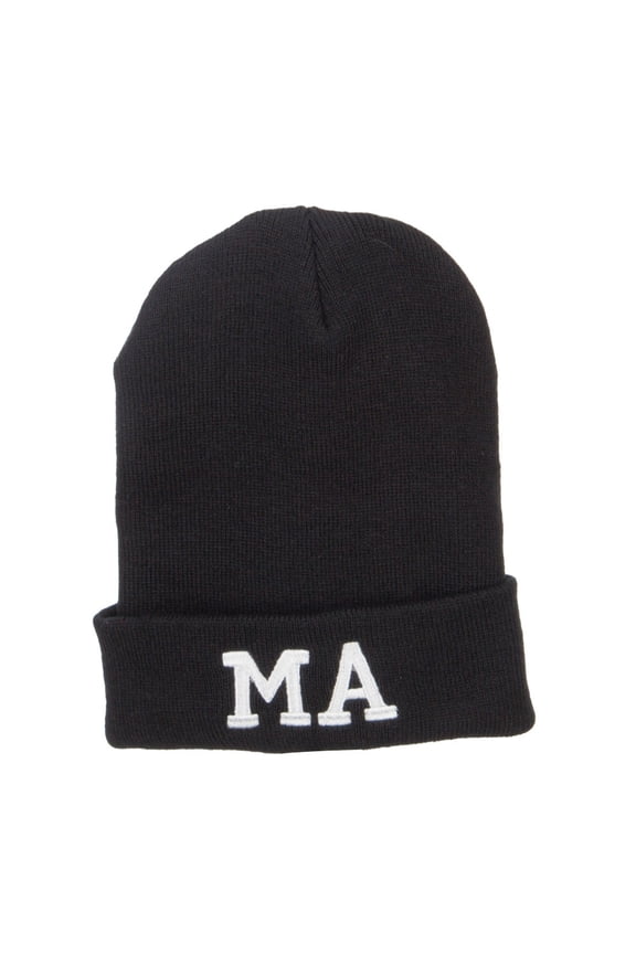MA Massachusetts Embroidered Long Beanie - Black OSFM