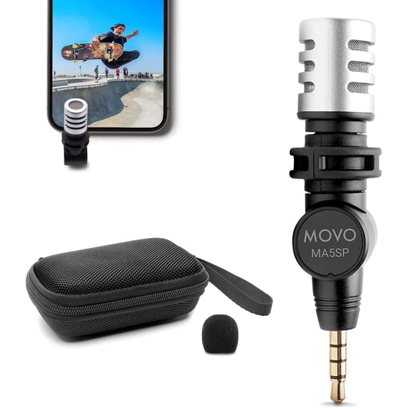 MA5SP 3.5mm TRRS Shotgun Microphone for iPhone or Android Devices - Omnidirectional Phone Microphone with 180 Rotation - Mini Travel Smartphone Microphone for Video, Vlogging, Interview, Travel