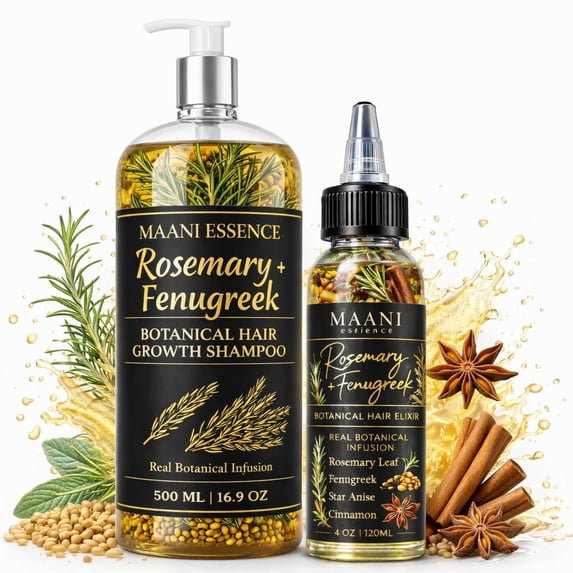 MAANI Essence Botanical Hair Care Set – Shampoo (16.9 oz) & Hair Oil (4 oz) | Rosemary & Fenugreek Infused | Moisturizing & Conditioning Hair Care for All Hair Types