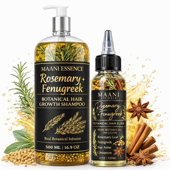 MAANI Essence Botanical Hair Care Set Shampoo (16.9 oz) & Hair Oil (4 oz) | Rosemary & Fenugreek Infused | Moisturizing & Conditioning Hair Care for All Hair Types