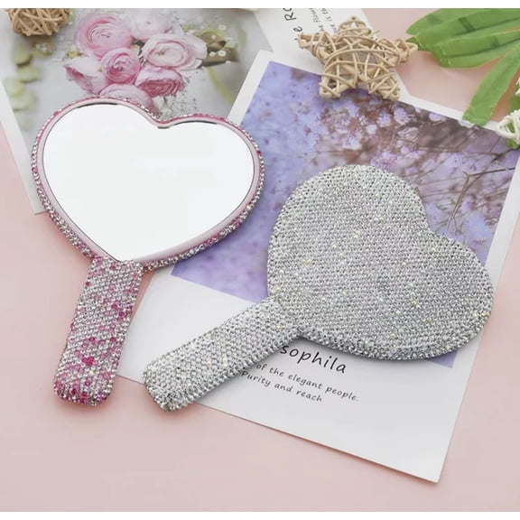 MAB Lash Heart-Shaped Diamond Handle Mirror / Pink & Silver Self-Handle Home Mirrors