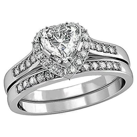 MABELLA 1.65 Carat TCW Heart Cut CZ 925 Sterling Silver Wedding Rings Bridal Set