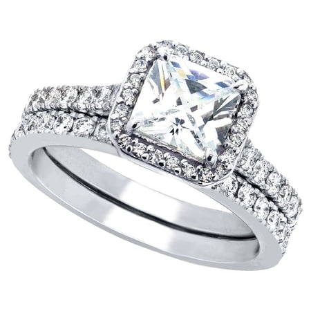 MABELLA 1.80 Carat TCW Princess Cut CZ 925 Sterling Silver Wedding Rings Bridal Set