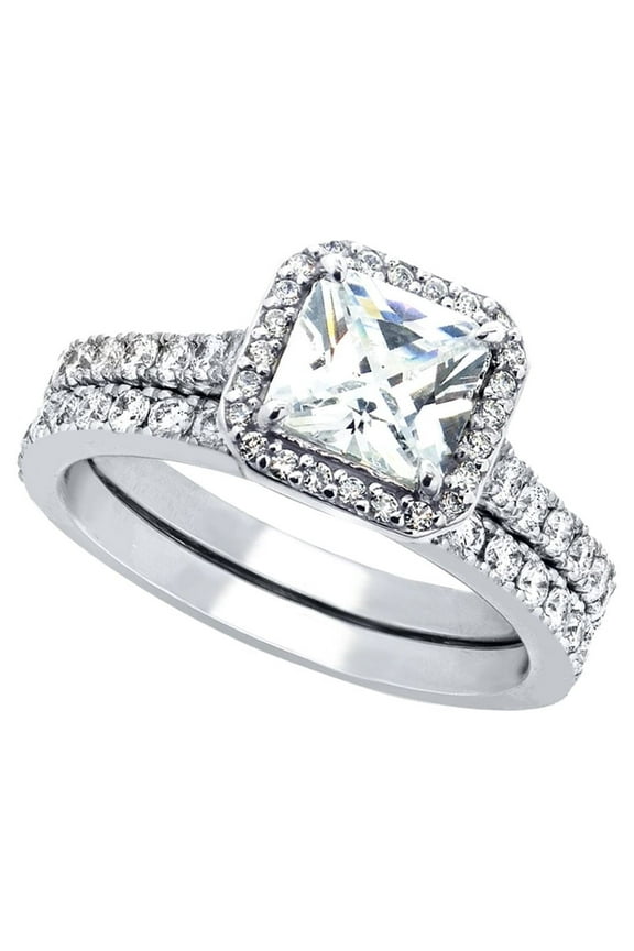 1.80 Carat TCW Princess Cut CZ 925 Sterling Silver Wedding Rings Bridal Set