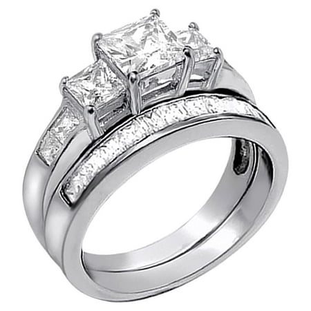 MABELLA 3.3 Carat TCW Three Stone Princess Cut Cubic Zirconia 925 Sterling Silver Wedding Rings Bridal Set Size 9