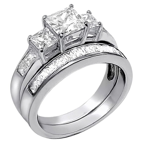 MABELLA 3.3 Carat TCW Three Stone Princess Cut Cubic Zirconia 925 Sterling Silver Wedding Rings Bridal Set Size 9