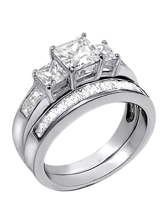 3.3 Carat TCW Three Stone Princess Cut Cubic Zirconia 925 Sterling Silver Wedding Rings Bridal Set Size 9