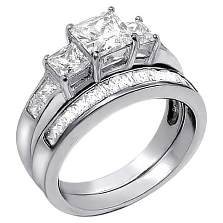 MABELLA 3.3 Carat TCW Three Stone Princess Cut Cubic Zirconia 925 Sterling Silver Wedding Rings Bridal Set Size 9