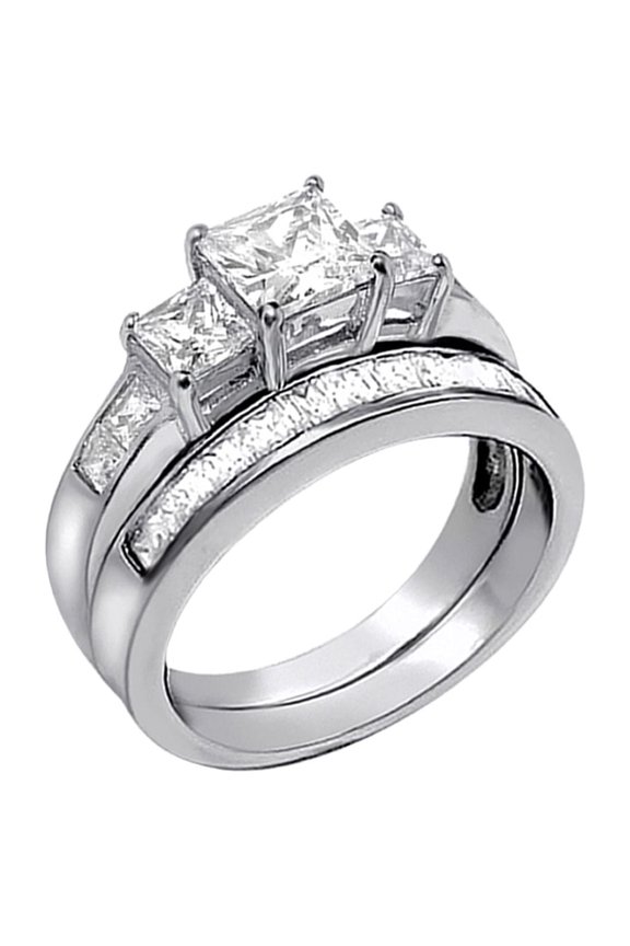 3.3 Carat TCW Three Stone Princess Cut Cubic Zirconia 925 Sterling Silver Wedding Rings Bridal Set Size 9