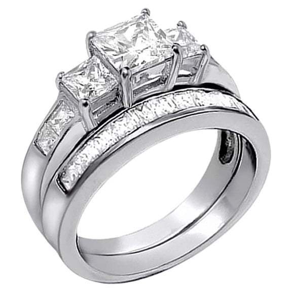 MABELLA 3.3 Carat TCW Three Stone Princess Cut CZ 925 Sterling Silver Wedding Rings Bridal Set