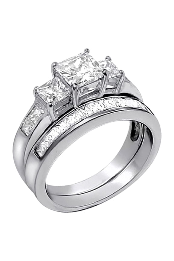 3.3 Carat TCW Three Stone Princess Cut CZ 925 Sterling Silver Wedding Rings Bridal Set