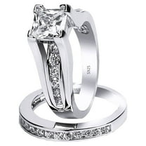 MABELLA 2.10 Carat TCW Classical Princess Cut CZ 925 Sterling Silver Wedding Rings Bridal Set