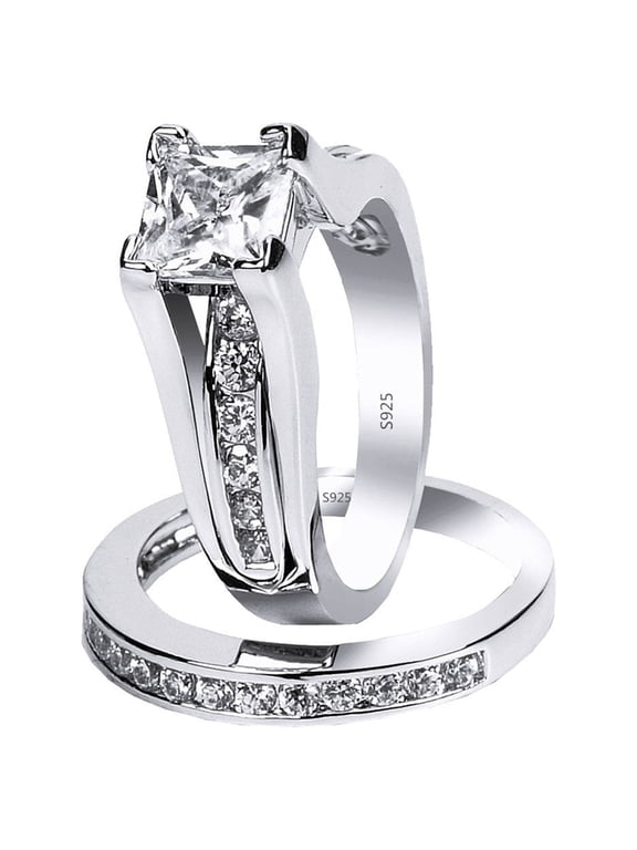 2.10 Carat TCW Classical Princess Cut CZ 925 Sterling Silver Wedding Rings Bridal Set
