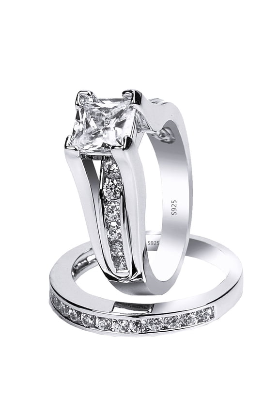 2.10 Carat TCW Classical Princess Cut CZ 925 Sterling Silver Wedding Rings Bridal Set