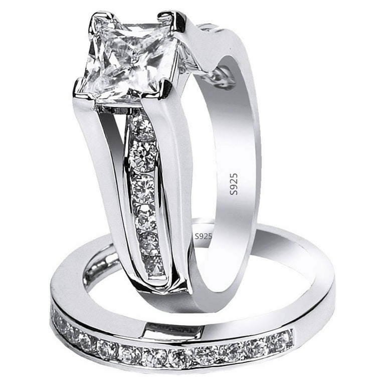 Sterling Silver Princess Cut 2-Piece CZ Wedding Set Ring Sterling Silver Princess Cut 2-Piece CZ Wedding Set Ring