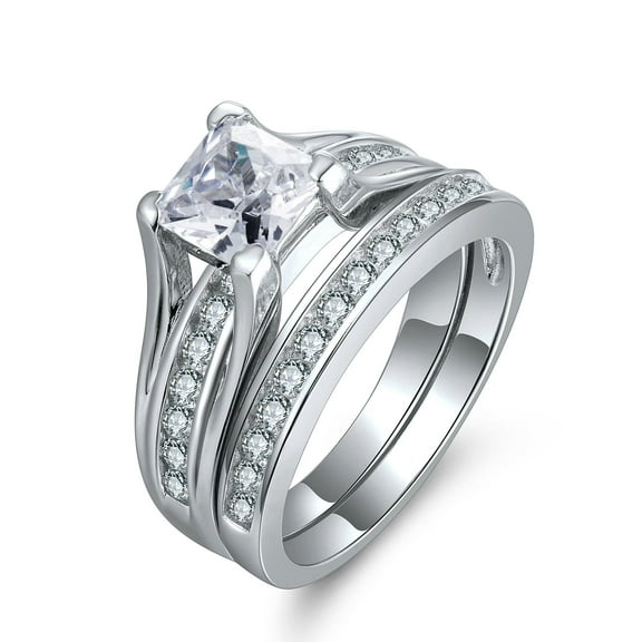 MABELLA 2.10 Carat TCW Classical Princess Cut Cubic Zirconia Stainless Steel Wedding Rings Bridal Set Size 7