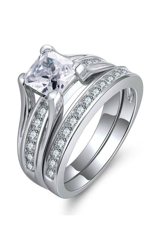 2.10 Carat TCW Classical Princess Cut Cubic Zirconia Stainless Steel Wedding Rings Bridal Set Size 8