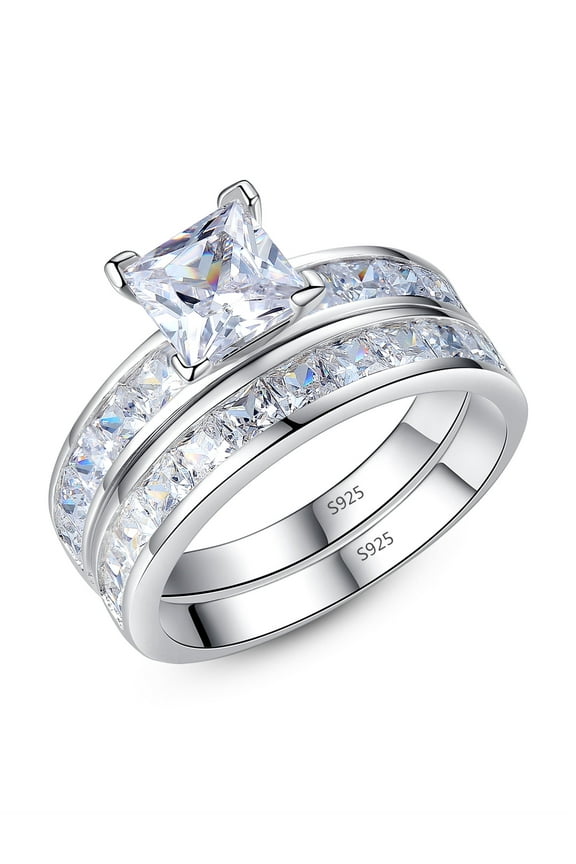 3.44 Carat TCW Princess Cut 925 Sterling Silver Wedding Rings Bridal Set