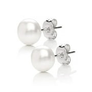 MABELLA 925 Sterling Silver AAA Freshwater Cultured Pearl White Button Stud Earrings for Women 7MM