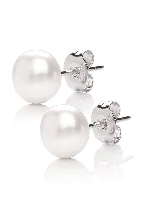 925 Sterling Silver AAA Freshwater Cultured Pearl White Button Stud Earrings for Women 7MM