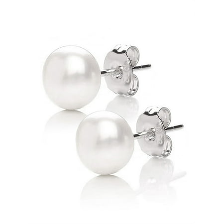 MABELLA  925 Sterling Silver AAA Genuine Freshwater Cultured Pearl White Button Stud Earrings for Women 7MM