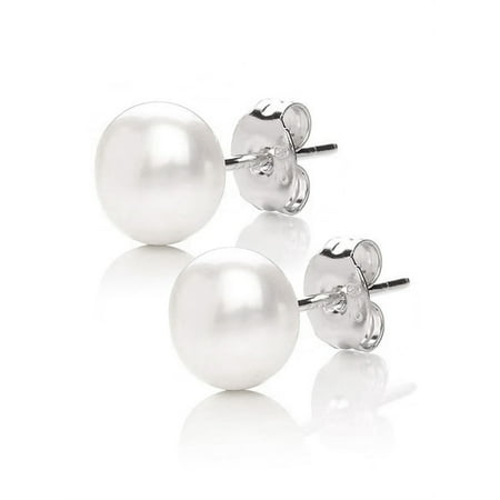MABELLA 925 Sterling Silver AAA Genuine Freshwater Cultured Pearl White Button Stud Earrings for Women 8MM