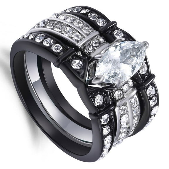 MABELLA Black Stainless Steel Women Marquise Cut CZ Rings Bridal Sets Sizes 5-10