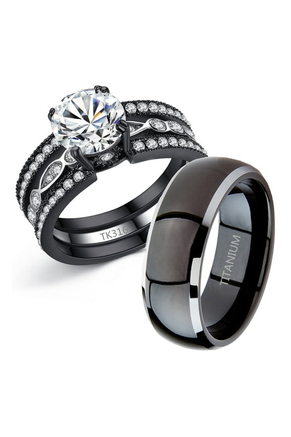 Couple Rings Black Men’s Titanium Matching Band Women CZ Stainless Steel Engagement Wedding Sets